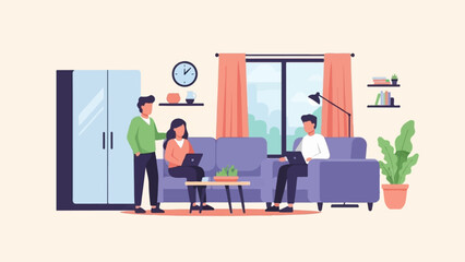 Illustration of three colleagues working on laptops together in a modern, cozy living room setting