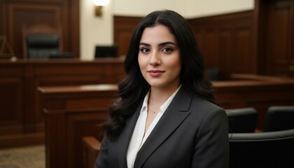 Portrait of young arab woman lawyer wearing dark suit at court.