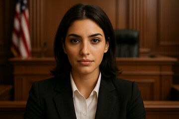 Portrait of young arab woman lawyer wearing dark suit at court.