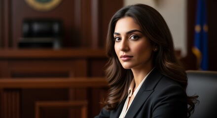 Portrait of young arab woman lawyer wearing dark suit at court.