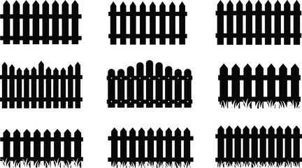 Set of black wooden fence silhouettes with different shapes and grass elements isolated on white background for garden and property design