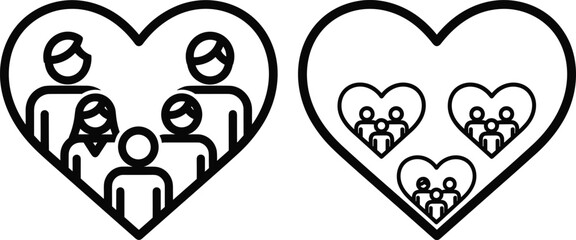 Heart shape containing family icons representing love, community, togetherness, unity, care, support, generational bonds, social protection, kindness, relationship and domestic harmony.