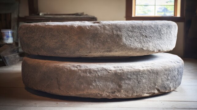 Two large circular millstones with deep grinding marks in a quiet mill. safety posters, maintenance manuals, designed for industrial assembly lines and welding operations.
