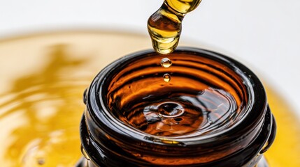 Amber drops of essential oil falling from a dropper into clear water. bar promotions, beverage menus, designed for food & beverage menus and cafe branding, inspires menu design.