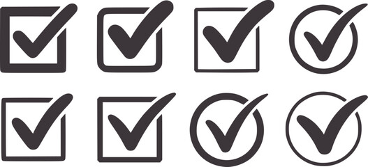 Eight dark gray check marks in squares and circles tick symbol sign