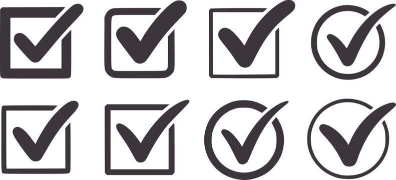 Eight dark gray check marks in squares and circles tick symbol sign
