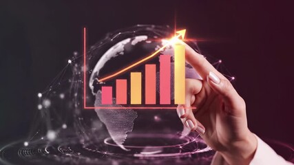 Finger touching holographic growth chart with rising bars against digital globe background. Business analytics concept represents global financial performance, data visualization, market trends - Powered by Adobe