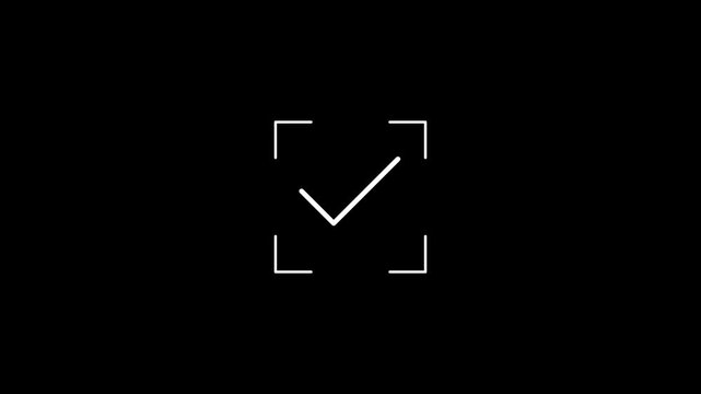 A minimalist of a simplified smiling face detected within a digital scanning frame composed of white and gray lines on a dark black background, representing facial recognition technology or user