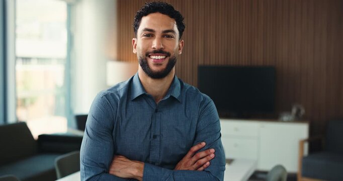 Happy, face and businessman with arms crossed, office and paralegal with career growth and ambition. Confident, legal assistant and person with smile in law firm, laughing and opportunity in Cuba