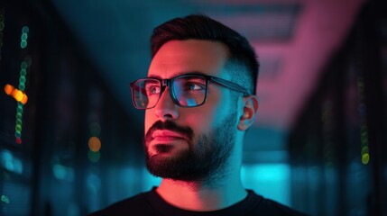 Young IT specialist in glasses, modern portrait with a blurred server rack background. product launch decks, UI/UX mockups, designed for data visualization dashboards and holographic UIs.