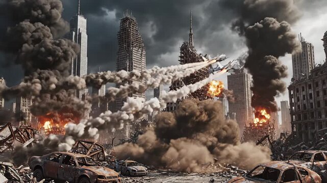 Futuristic war scene depicting fighter jets and explosions in a devastated urban landscape