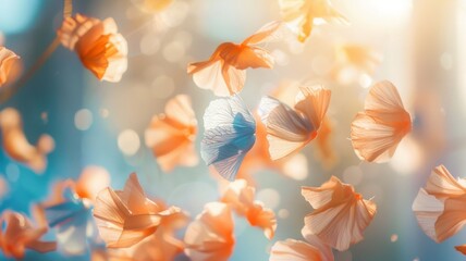 Ethereal floating orange and blue translucent flower petals in soft morning sunlight with dreamlike bokeh background for artistic concepts and romantic designs