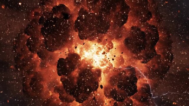 An explosive cosmic event showcasing a massive explosion with lightning striking through the fiery chaos