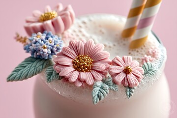 A close-up view captures a refreshing glass of milk adorned with a playful straw and a charming floral garnish on its rim, epitomizing a creamy milkshake.