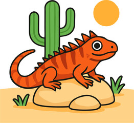 Fototapeta premium Cute Cartoon Iguana Lizard Standing by Cactus in Sunny Desert