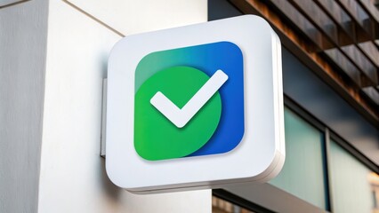Online Application & Digital Access Sign featuring a green checkmark within a blue circle, symbolizing approval or verification.