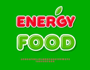 Naklejka premium Vector Creative signboard Energy Food. Glossy Red Font. Cute Rounded Alphabet Letters and Numbers set.