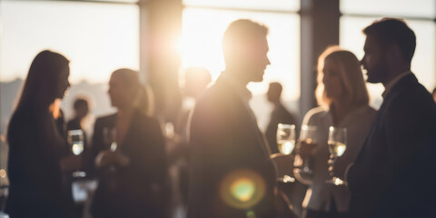 Networking event business businessperson professional blurred blur engagement management motion defocused background corporate scene with warm light during social gathering and conversation