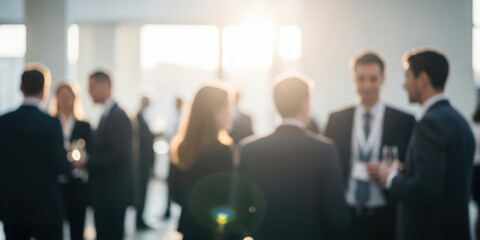 Networking event business businessperson professional blurred blur engagement management motion defocused background corporate atmosphere capture modern office gathering conversation sunlight