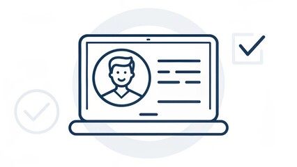 Online Application & Digital Access Digital illustration of a laptop displaying a user profile with checkmarks for verification.