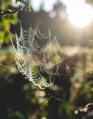Backlit nature photograph of a delicate spider web covered with morning dew drops glowing in golden sunlight with soft green bokeh background