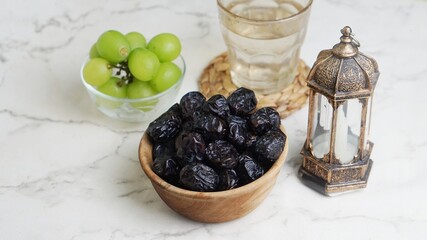 ramadan kareem background with dates, drink, fruit, traditional lantern lamp isolated white background