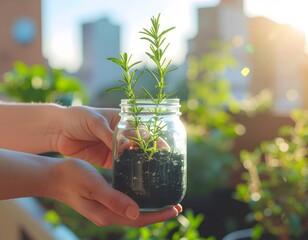 Urban gardening photograph of hands holding a glass jar with rosemary plant on a city balcony, highlighting greenery, soil texture, and calm sustainable lifestyle