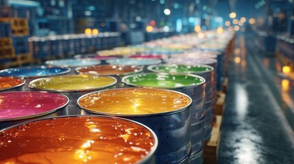 Industrial chemical barrels filled with colorful liquids on pallets, engineers inspecting inventory in a modern manufacturing facility, clean high-tech environment, vibrant reflections on barrels