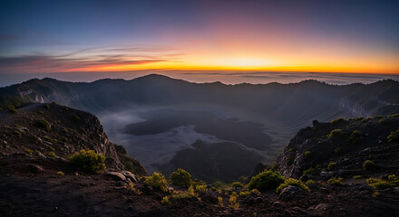 Sunset over misty mountain range with rugged terrain and vibrant sky Ai Generated