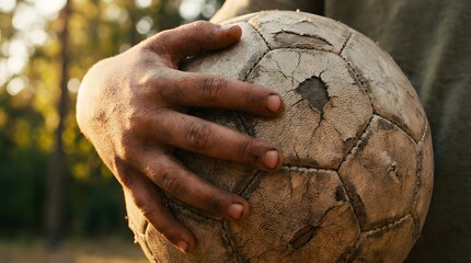 Sports photography of a hand holding an old cracked leather soccer ball at sunset, highlighting dirt textures, rural atmosphere, and timeless passion for football