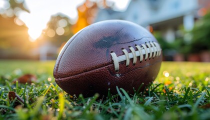 Sports photography of brown leather American football resting on dewy green grass at sunset, low angle close up highlighting texture, laces, and warm evening light