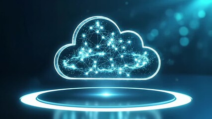 Glowing cloud with network connections floating above circular platform. Digital technology concept represents computing infrastructure, data storage, internet connectivity and modern virtual - Powered by Adobe