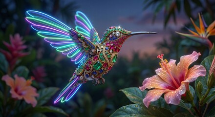 Jeweled hummingbird with glowing neon wings hovering near a vibrant hibiscus flower amidst lush greenery