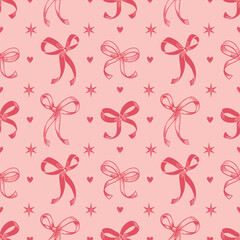 A pink seamless pattern with hand-drawn doodle bows, hearts, and stars. Flirty romantic aesthetic background for Valentine's Day and sweet endless designs.