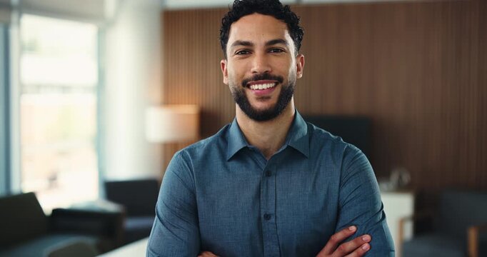 Ambitious, face and businessman with arms crossed, office and paralegal with career growth and pride. Happy, legal assistant and person with smile in law firm, confident and opportunity in Cuba