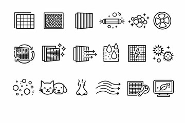 Air purification icon set: filters, pets, bacteria, and allergies