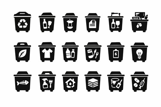Recycling and waste sorting icons: glass, paper, plastic, organic, e-waste bins