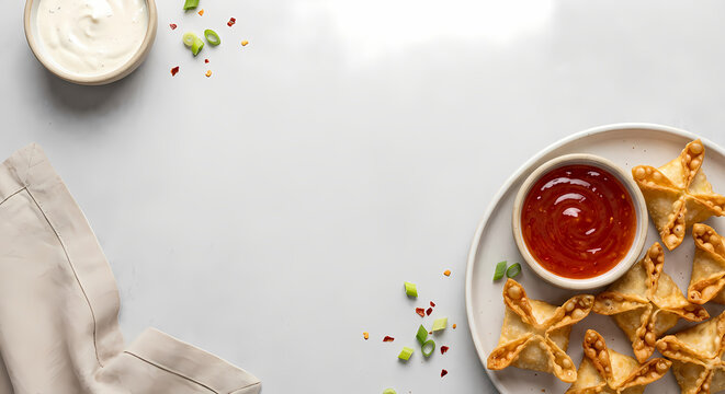 Flat lay crab rangoon and sauces on gray stone with copy space