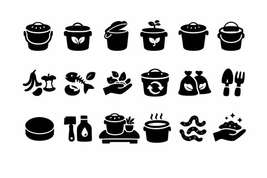 Eco-friendly composting icons: bins, recycling, nature, and gardening symbols