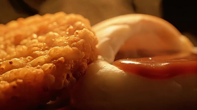 Close up of a crispy golden hash brown served with creamy mashed potatoes and a drizzle of ketchup