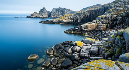 Rocky coastline with mossy boulders and calm blue sea water Ai Generated