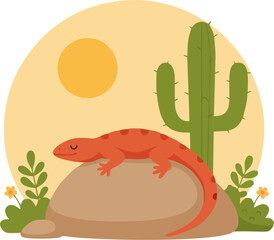 Fototapeta premium Sleepy Cartoon Red Lizard Relaxing by Cactus Under Desert Sun