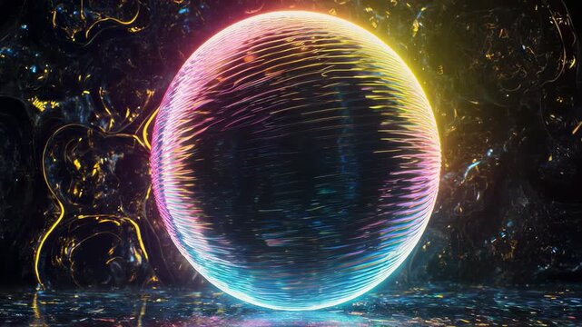 A glowing sphere with iridescent, ribbed surface, bathed in cosmic light