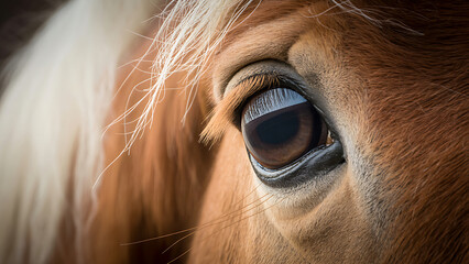 Close-up of a horse's eye with brown iris and long eyelashes