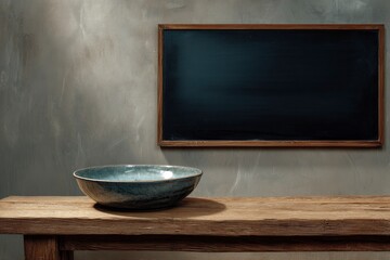 A rustic wooden table provides a textured foreground for an empty, artisanal blue-green ceramic bowl, perfectly centered for display. Behind it, a distressed grey wall offers a moody, industrial-chic 