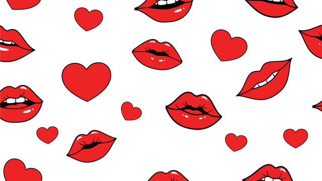 Playful red lips and hearts create a vibrant, romantic pattern
