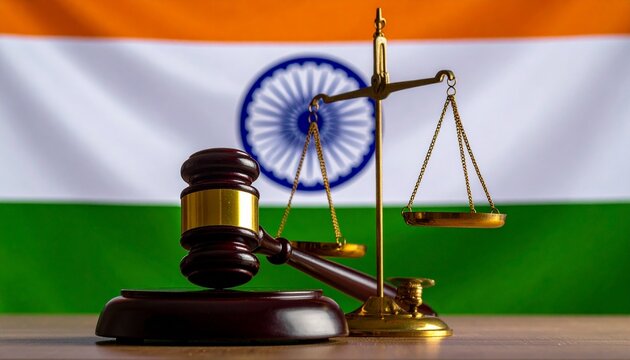 "Gavel and balanced scales of justice with Indian flag in background symbolizing law and governance."