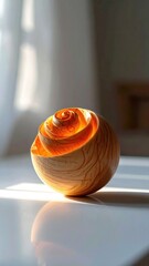 Carved wooden orb, sunlit