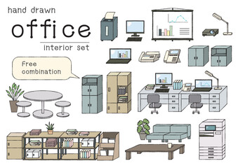 組み替えできる線画のオフィスインテリアのイラストセット