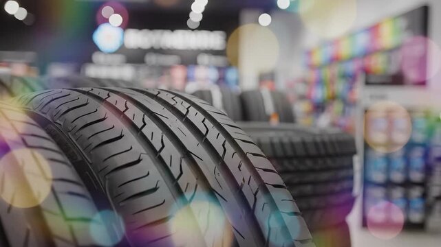 Tire closeup with tread pattern in automotive shop with blurred retail display and inventory in background. Vehicle service concept represents sales, car maintenance, professional replacement